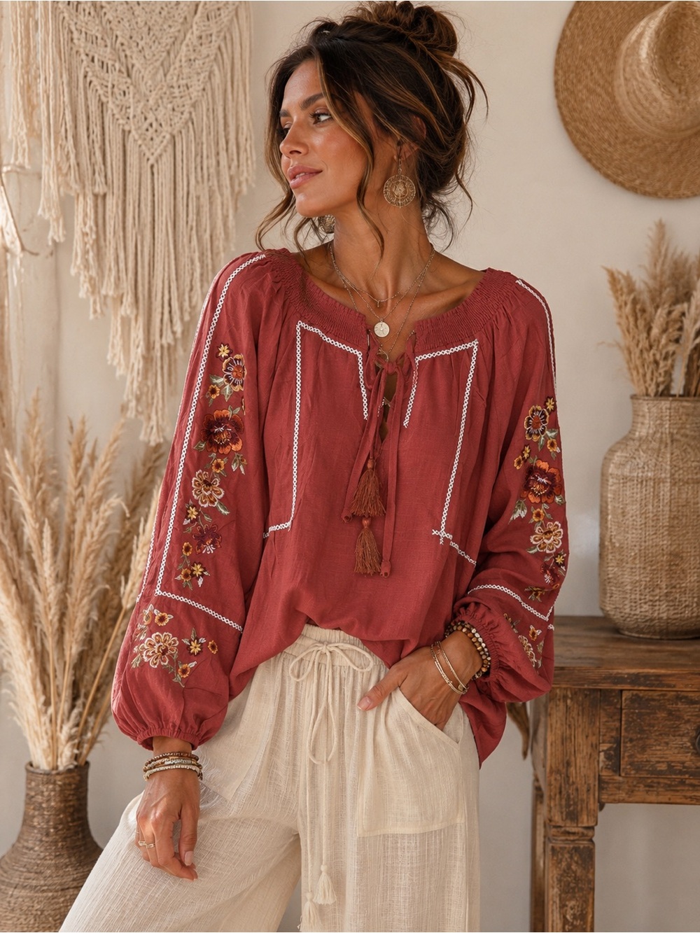 Savanna Jane Rust Embroidered Boho Peasant Blouse